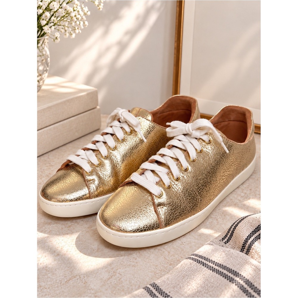 Sezane Jack Metallic Gold Leather Sneakers Womens Size 7 Low Top Portugal